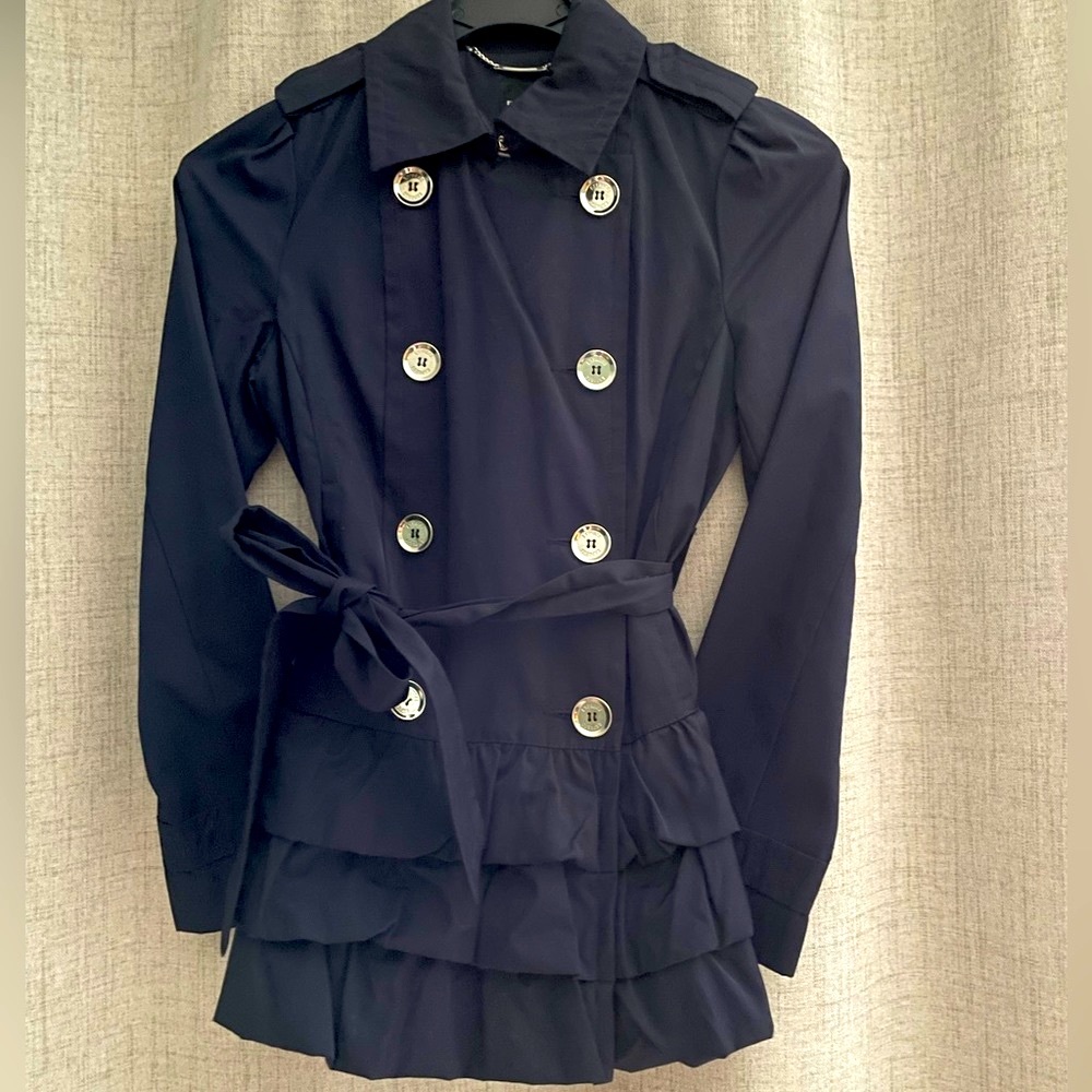 Navy blue, trench coat with belt. Lightly used. Size Small.
